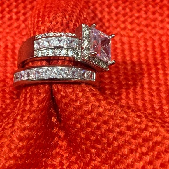 Sterling Silver Plated CZ Wedding Ring Set - Picture 3 of 9